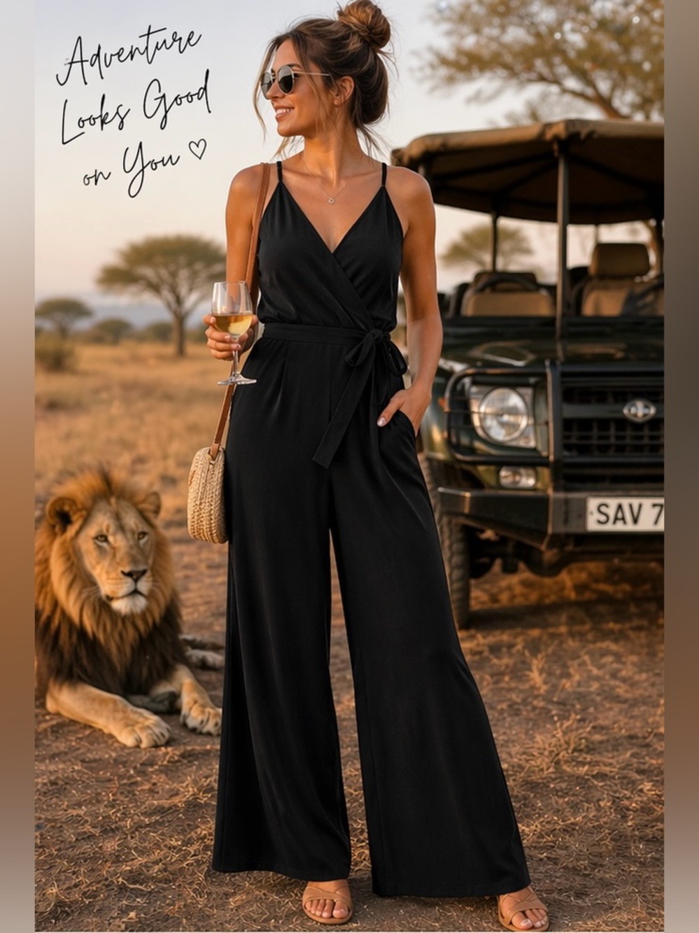 Charisma Black Wrap Jumpsuit Wide Leg Flowy Resort Vacation Romper L